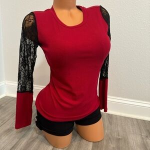 Red & Black Ribbed Long Sleeve Sheer Lace Sleeve Top New Size Small​​​​
